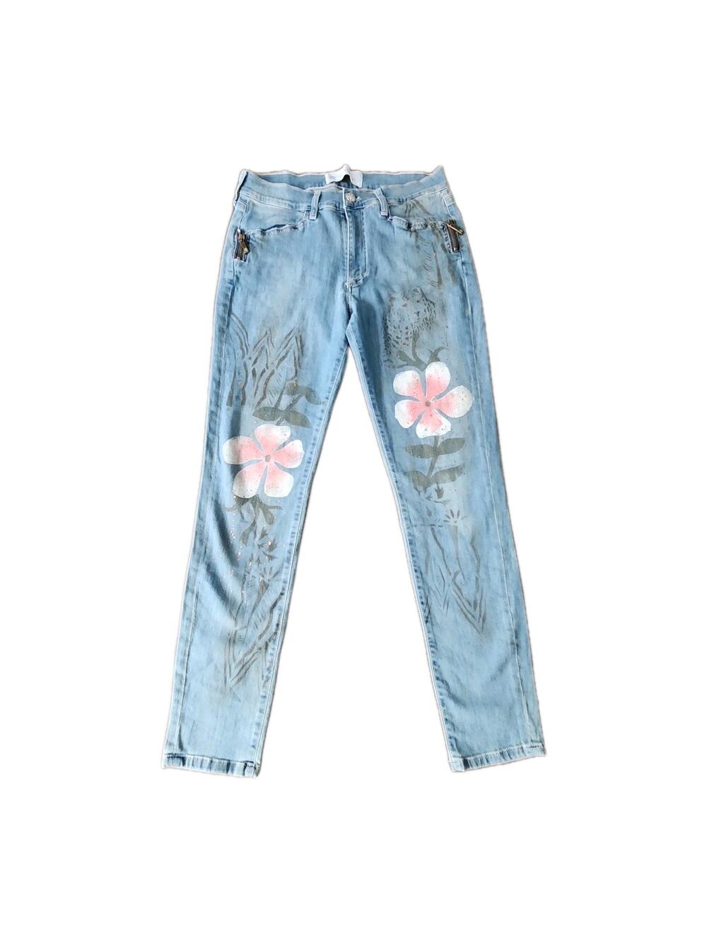 Morgana Y2K Floral Painted Mid Rise Slim Denim Pants Size 33/42 29 " Waist Euro